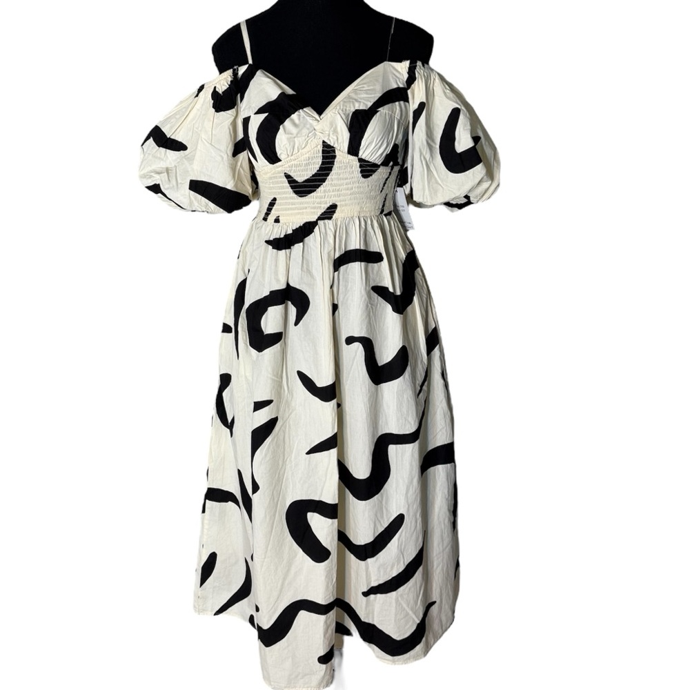JAPNA New Puffy Sleeve Midi Dress Pockets Abstract Cream Black Empire Waist XS